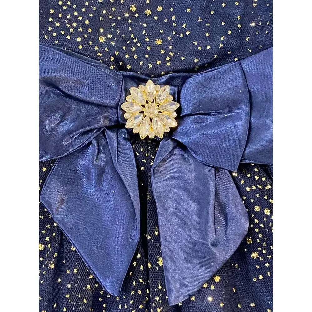 RARE EDITIONS Baby Girls Foil Mesh Dress with Satin Bow Navy 12 Months